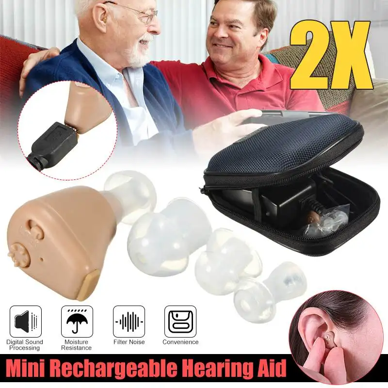

2Pcs Rechargeable Hearing Aid Mini Size Sound Voice Amplifier Behind The Ear Hearing Aid For Deaf Elderly Hearing Loss Earphones