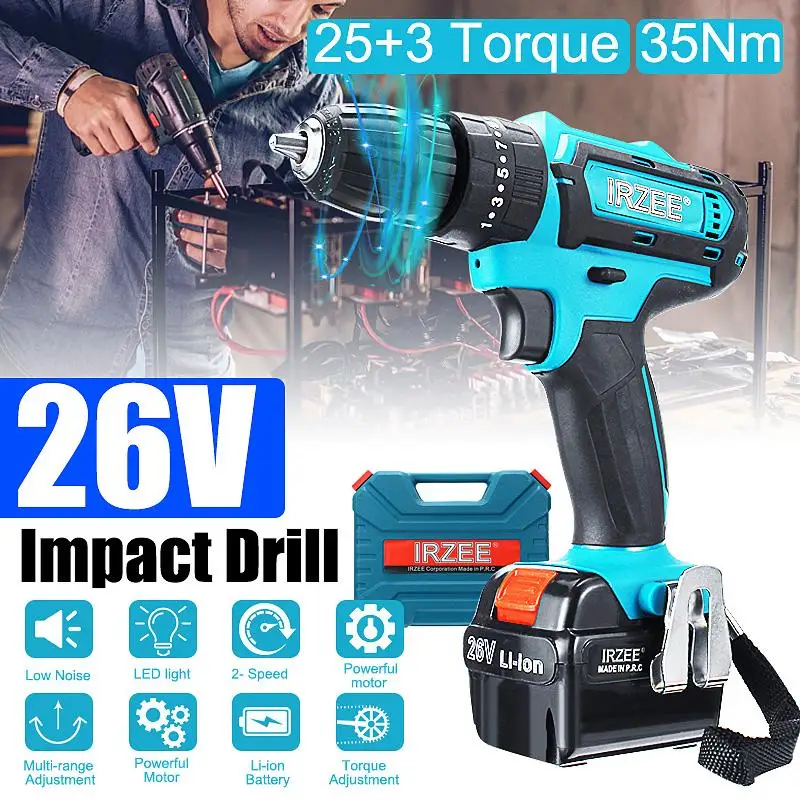 

26V 35N.m Electric Screwdriver Cordless Drill Impact Drill Set DIY Home Power Driver Lithium-Ion Battery 2-Speed Power Tools