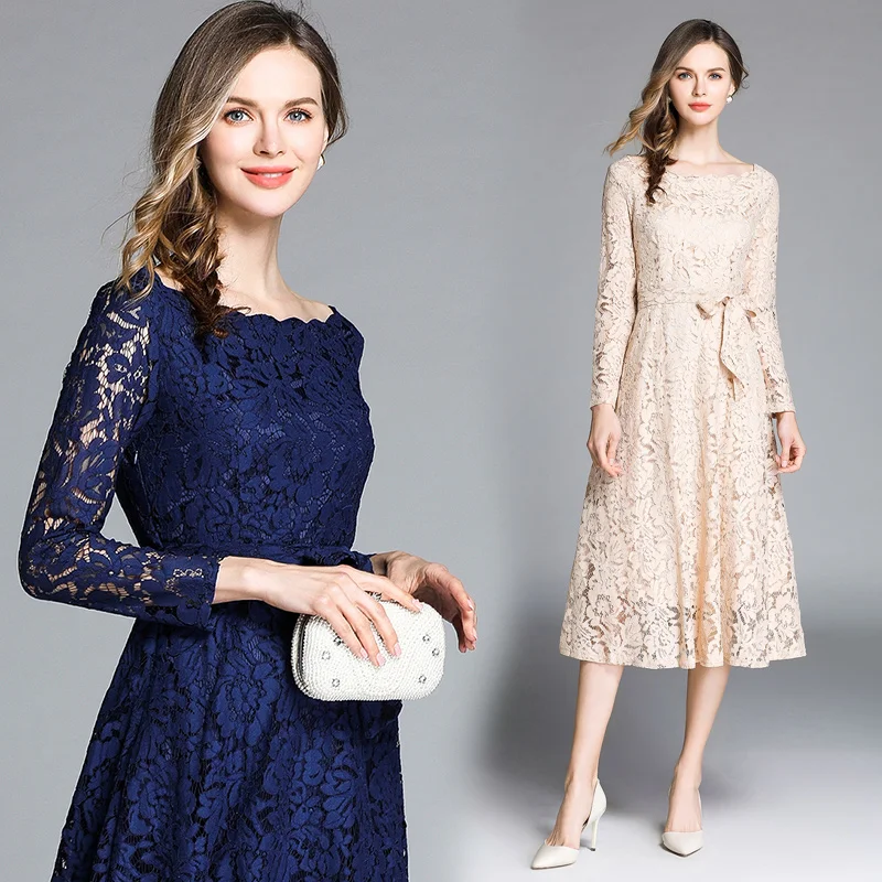 

New Women Long dress Lace Collar Dresses Blue Apricot 8281