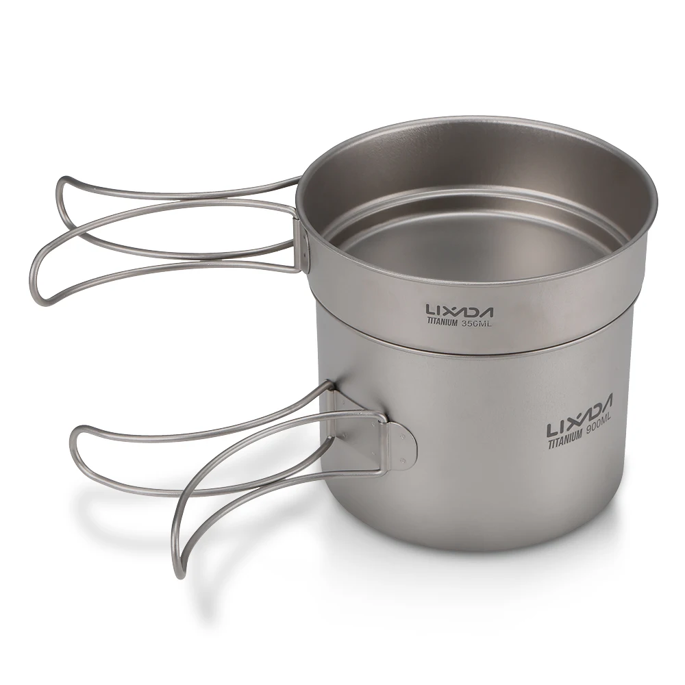 Lixada ultraligero de titanio Cookset Camping al aire libre de utensilios de cocina 900 ml olla y 350 ml sartén con asas plegables