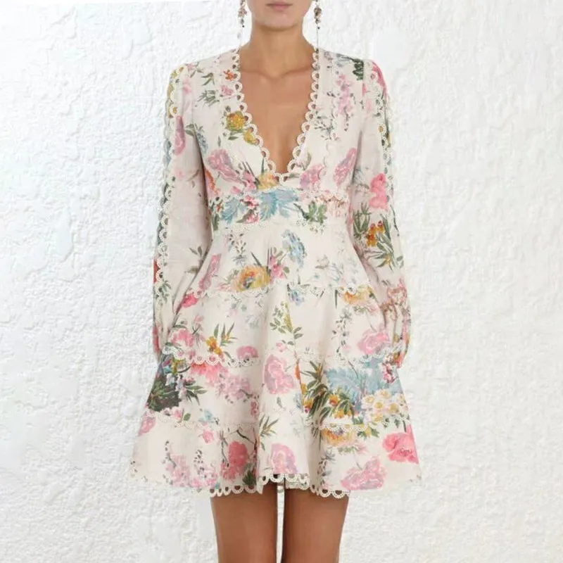 

[MENKAY] Sexy V Neck Lace Dress A Line Women High Waist Lantern Sleeve Print Female 2019 Spring Dresses Korean Fashion Clothing