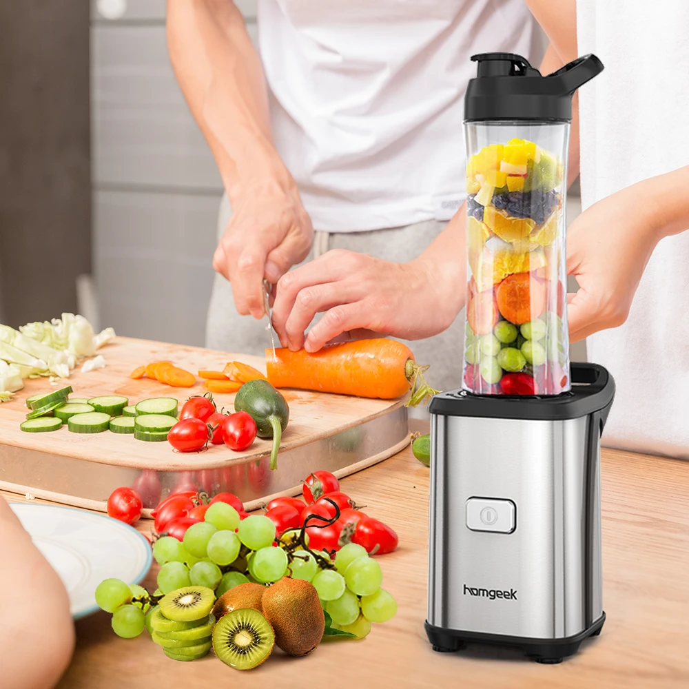 

Homgeek Mini 350W Fruit and Vegetable Single Serve Juice Blender Vegetable Fruits Blender With 2 BPA-Free Travel Sport Cups