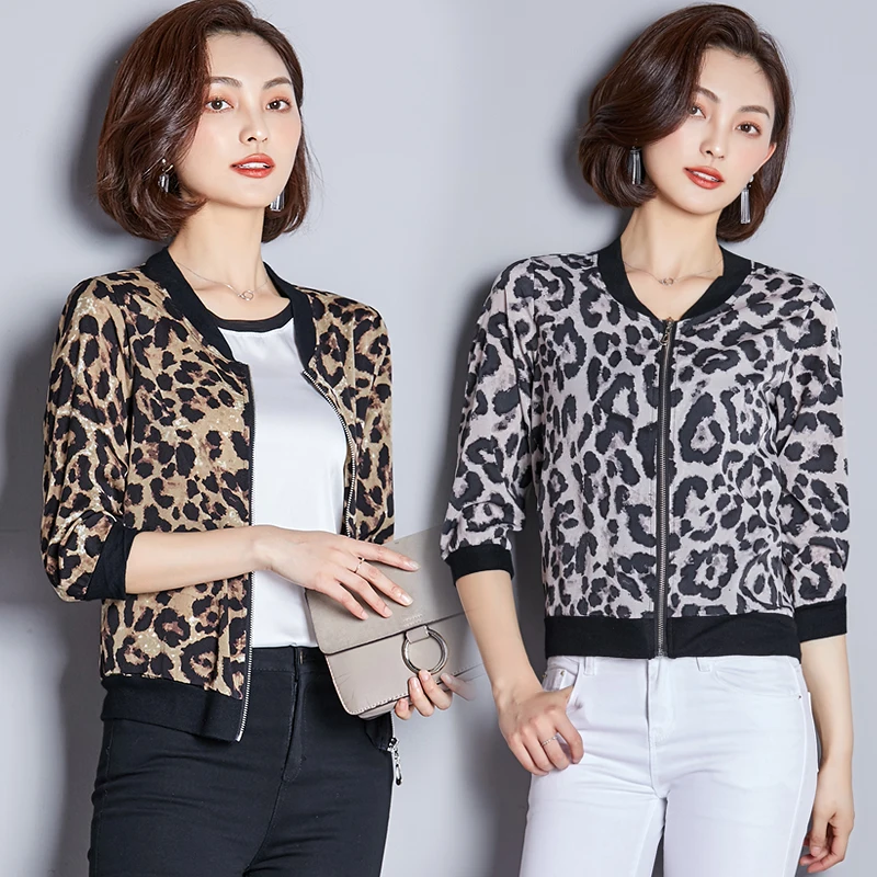 

Three Quarter Sleeve Thin Jackets Spring Summer Korean Fashion Women Leopard Print Cardigan Zipper Outwear Female Clothes