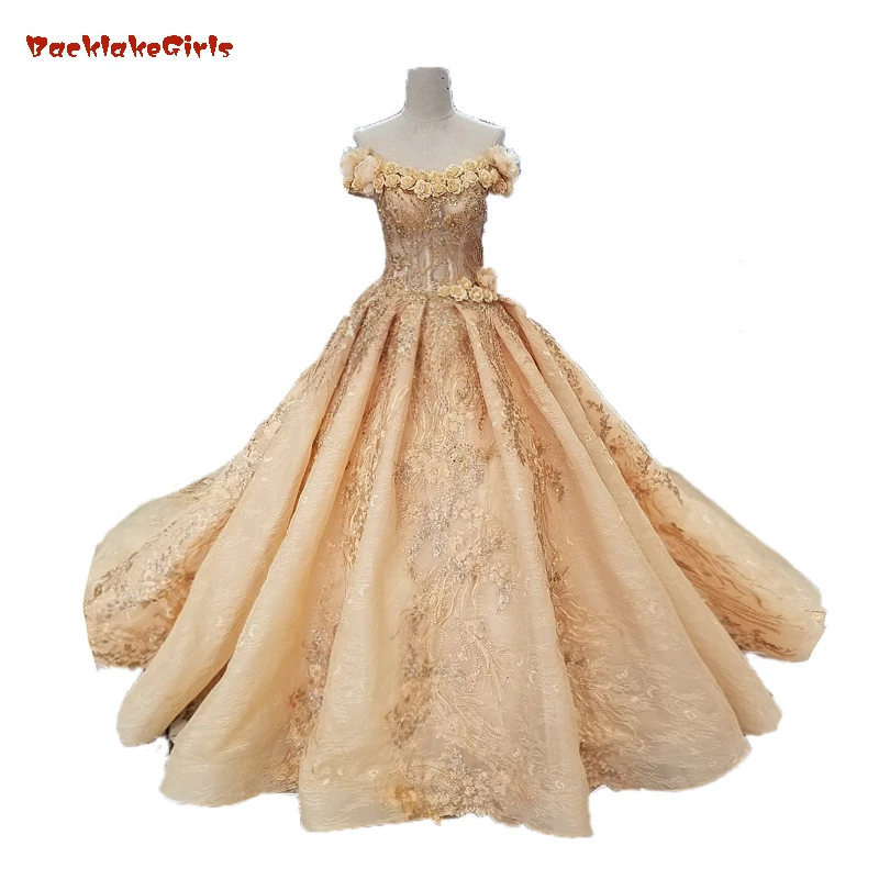 

Vestido De Noiva 2018 Sexy Off The Shoulder Champagne Gold Wedding Dresses Lace Appliques 3d Flowers Tulle Ball Gown Bride Dress