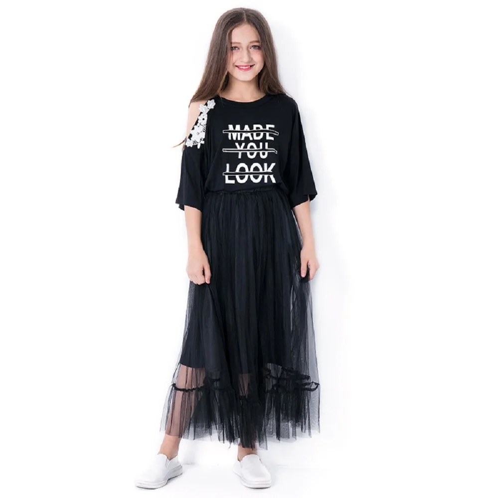 

Teen Girls Summer Dress Half Sleeve Black Dresses Girls Clothes 2pcs 2019 Off shoulder Tops Mesh Skirts 6 8 10 12 14 Years
