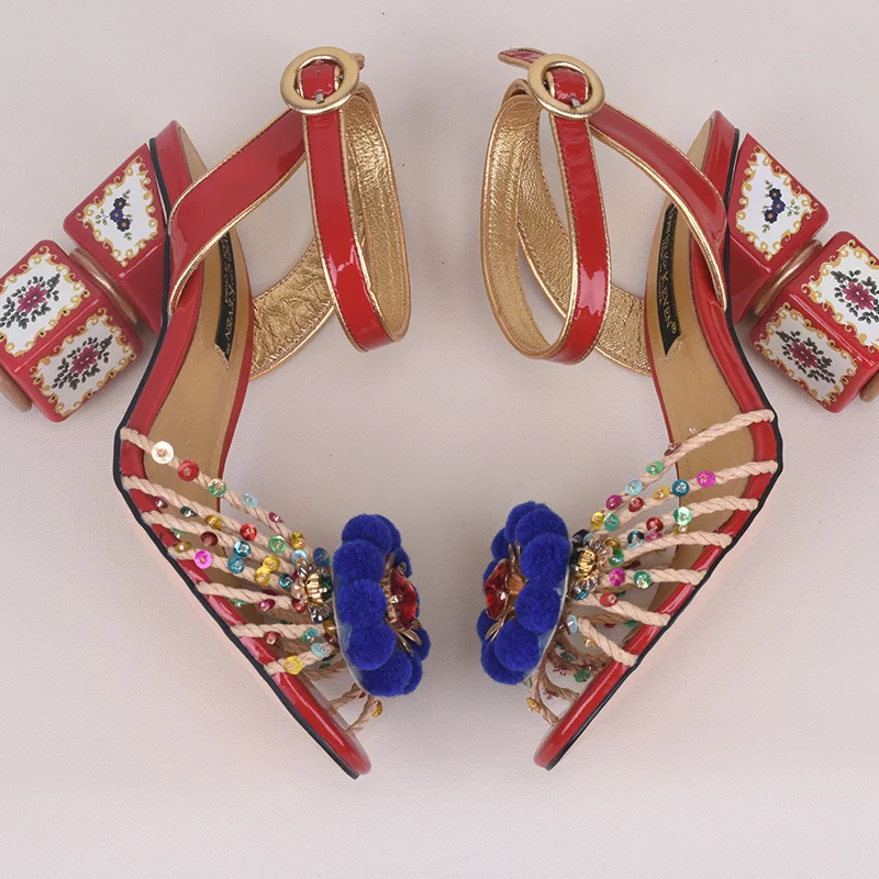 

2018 Hot Summer Shoes Woman Sandals Leather High Strange Style Peep Toes Flowers Cane Sandals Wedding Party Tipe Shoes Woman