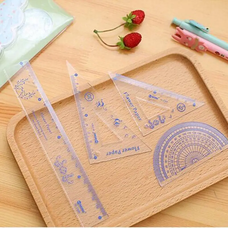 

2cps Stationery Drawing Painting Ruler Combination Sets Four Pieces Straight Edge Protractor Set Squares with Flower Pattern