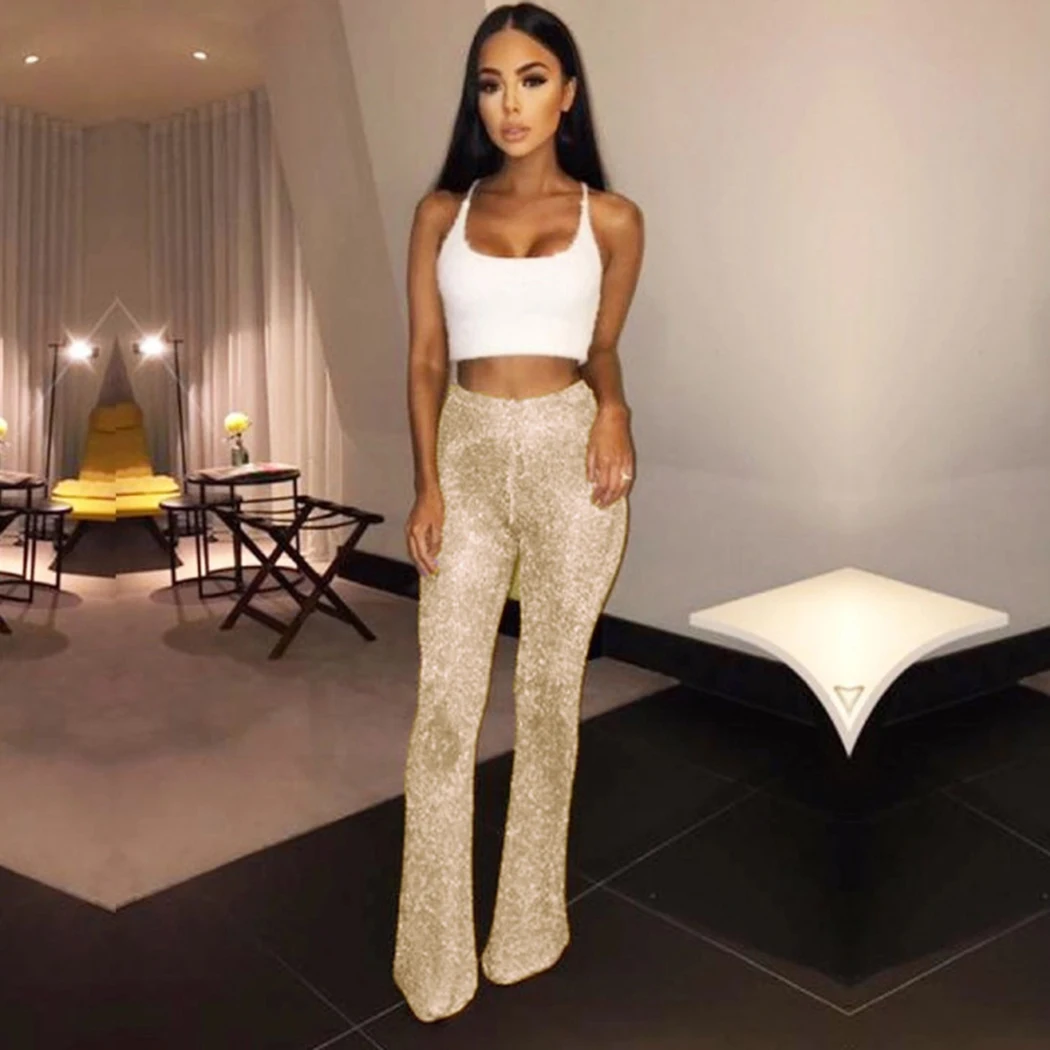 

Womens Sexy Stretch Knit Maxi Pants Skinny Sequin High Waisted Flare Pants European Fashion Party Club Glitter Pants Trousers