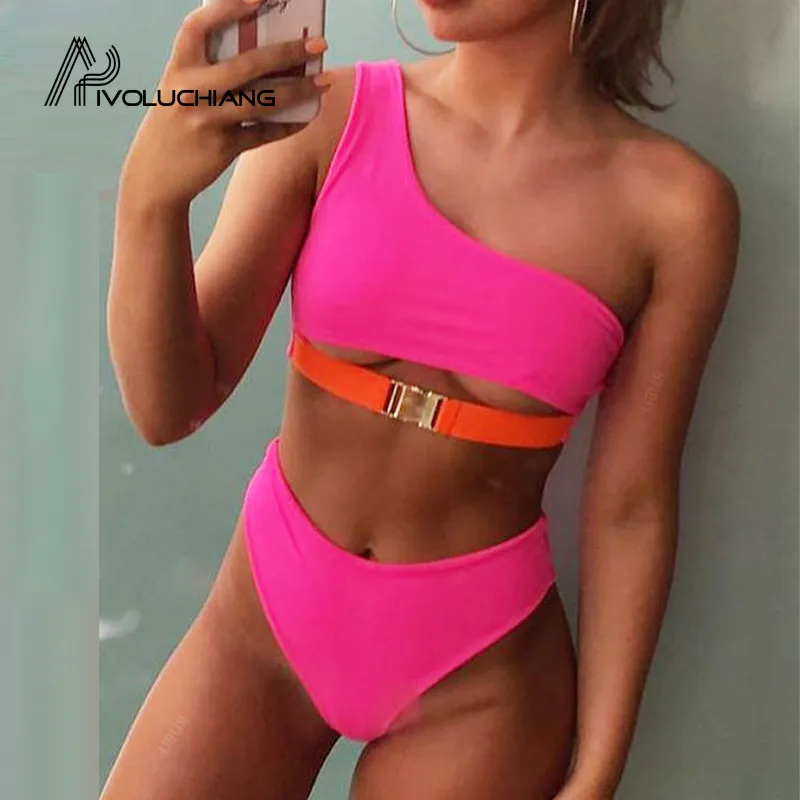 

Pink One Shoulder Sexy Push Up Bikini Swimwear Swimsuit Women New Buckle High Waisted Bikini Swimsuit Beach Biquinis
