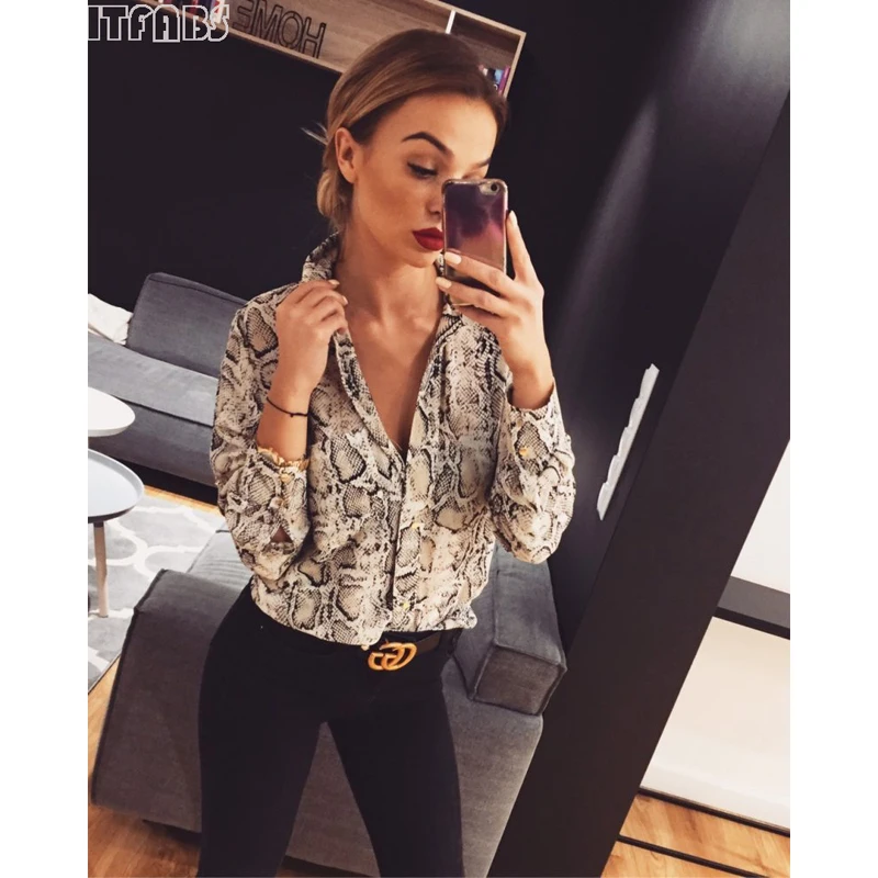 

Women Summer Leopard Snake Long Sleeve Button V Neck T Shirt Casual Sexy Stylish Fashioin Tops