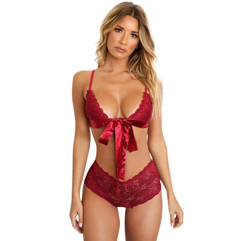 

Women Bra Brief Sets Sexy Underwear Red Lace Open Bra Set Push Up Bow Knot Crotch G-String + Bra Lingerie Set Underwear