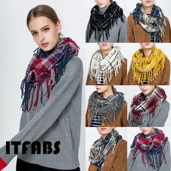 

Soft Women Tassel Plaid Scarf Winter Warm Cotton Scarves Knitted Collar