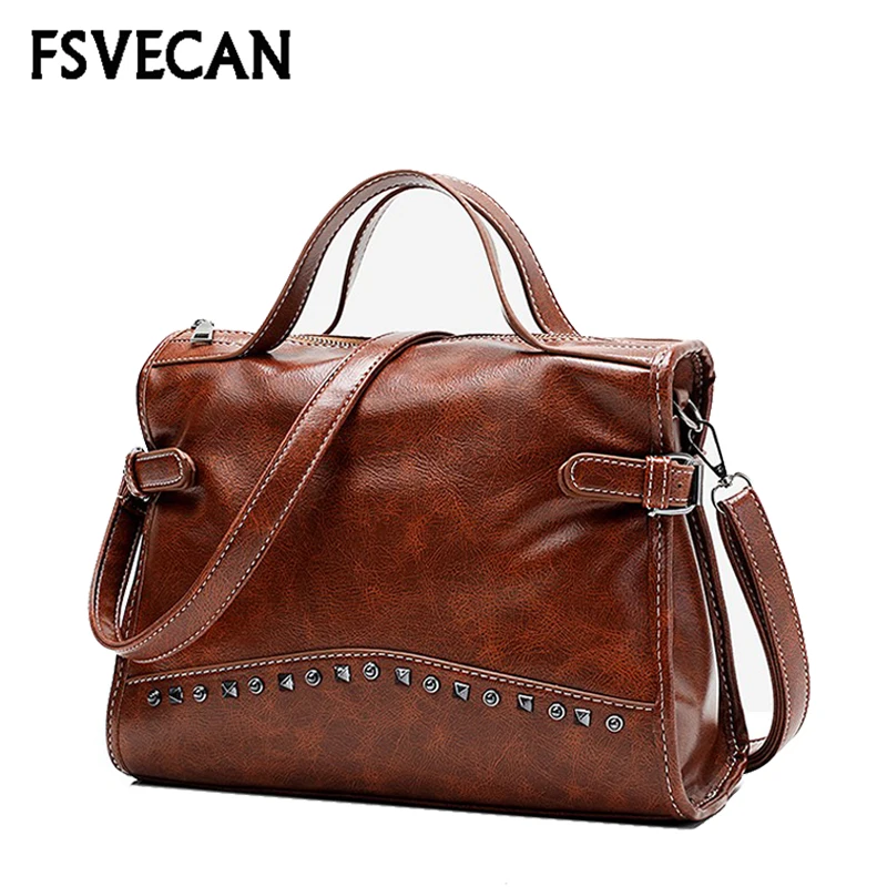 

Luxury Handbags Women Bags Designer Female Daily Vintage Wax Leather Fabric Rivet Ladies Crossbody Shoulder Bag For Woman 2018