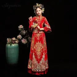 Модные Красные Свадебные Длинные Cheongsam современный Для женщин Китайский традиционный свадебный платье Qipao Oriental Стиль халат замужем Qi Pao