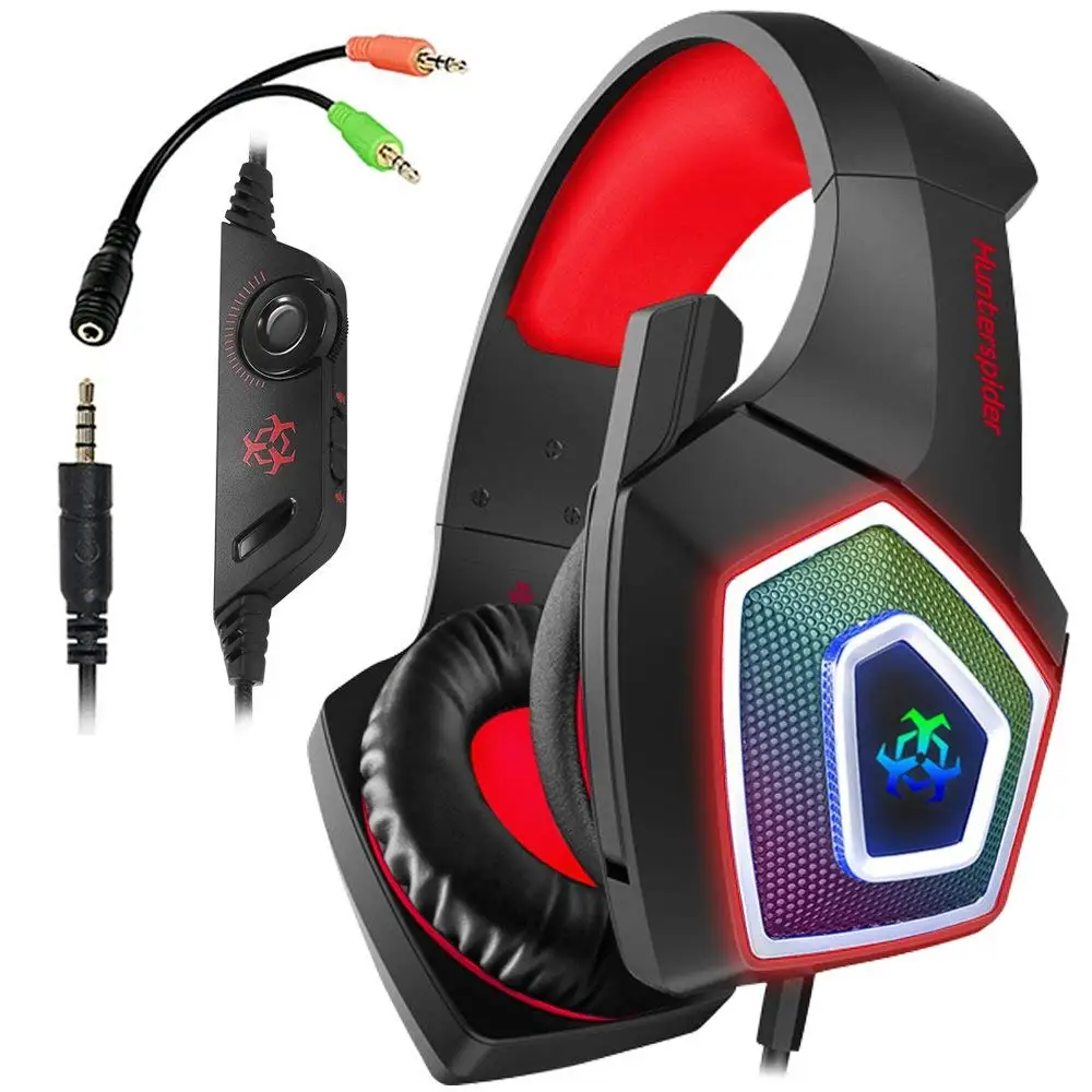 

Hunterspider Gaming Headset For PS4, 3.5Mm Stereo Sound Cable Headset With Microphone Colorful LED Light Headphones For Laptop