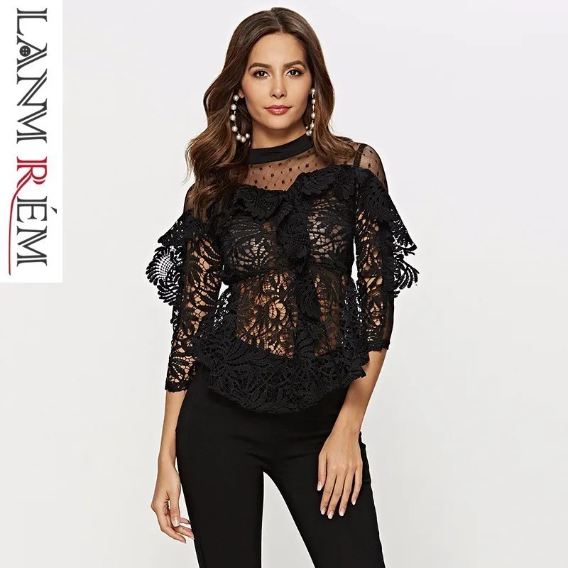 

LANMREM 2019 Summer Perspective Hollow Out Sexy Shirt For Women Slim Temperament Lace Embroidered Top Female Blouse Hot YH514