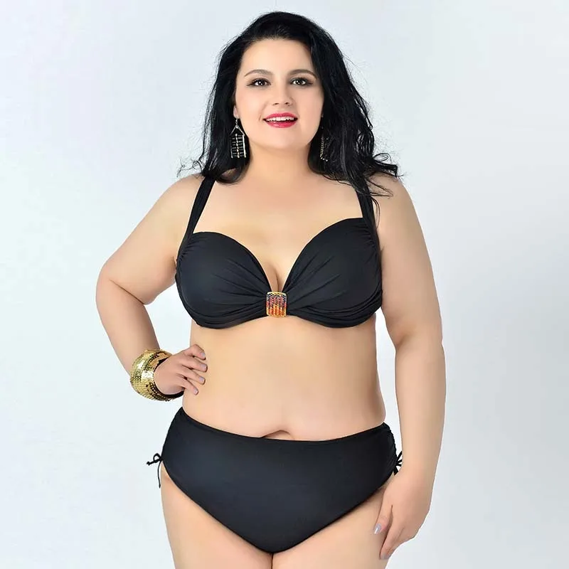 

2019 New sexy large size solid bikini swimsuit gathered big cup beach vacation ladies swimsuit 4XL 5XL 6XL European and American