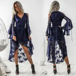 Темно синие элегантные коктейльные платья 2019 линия V образным вырезом длинными расклешенными рукавами Высокая Низкая кружево официальная