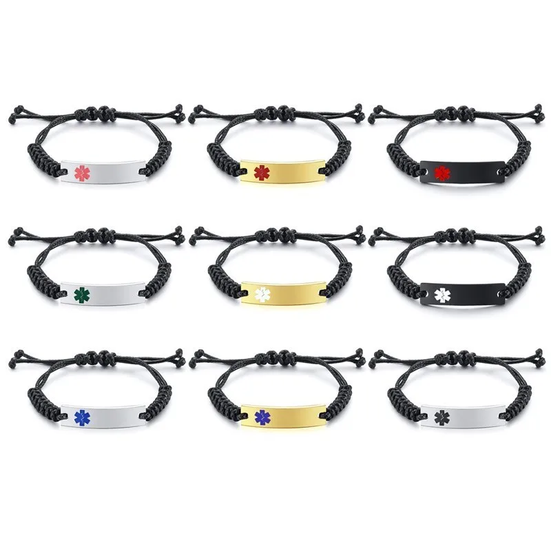 

Free Engraving Medical Alert ID Bracelets for Women Man Unisex Size Adjustable Cord Rope Nameplate Jewelry