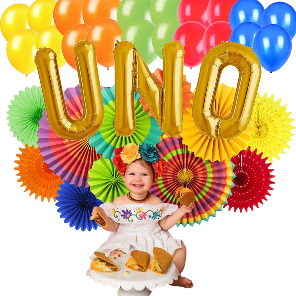 

14pcs Colorful UNO Theme Mexican Fiesta Party Decoration Kit Paper Fans Pinwheels Gold Foil Mylar Balloons Baby First Birthday