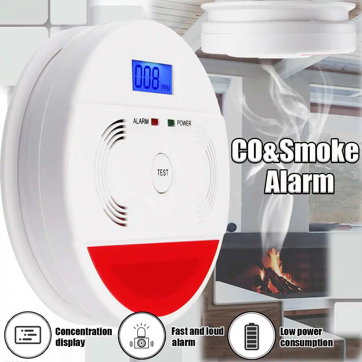 

85dB LED Display Smoke & Carbon Monoxide Detectors Home Security Safety CO Sensor Gas Poisoning Warning Alarm Detector