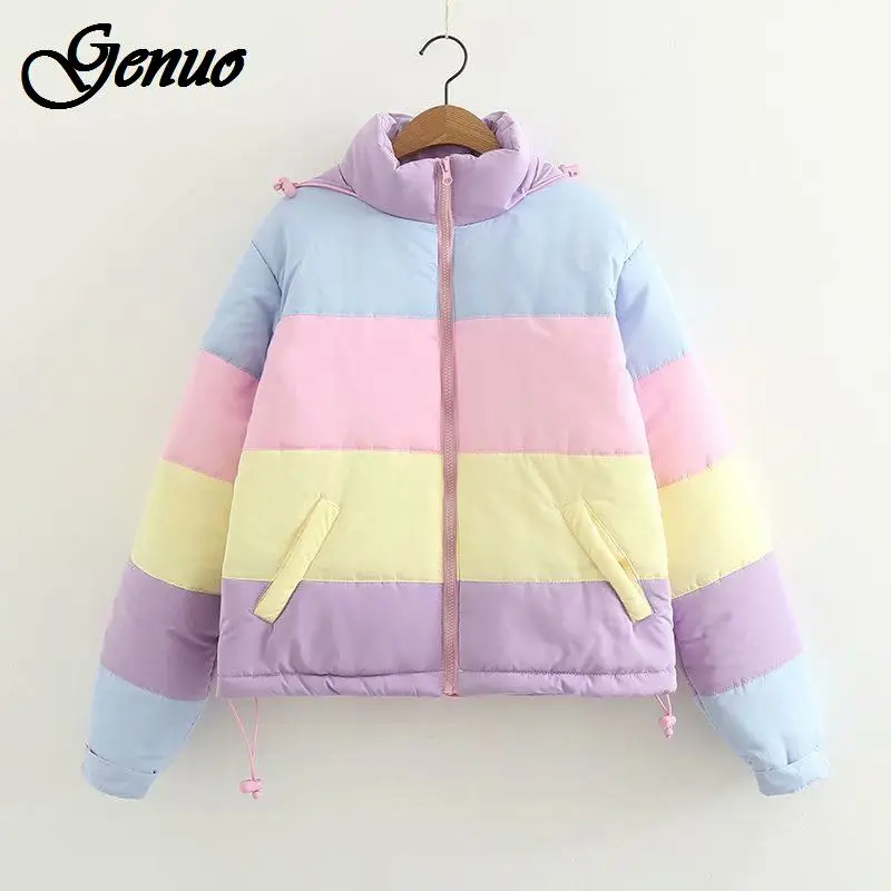 

2019 Rainbow colorful Cotton Padded Parkas Women Autumn Winter Detachable hat Coat Macaron Pastel Panel Puffer Jacket Coats