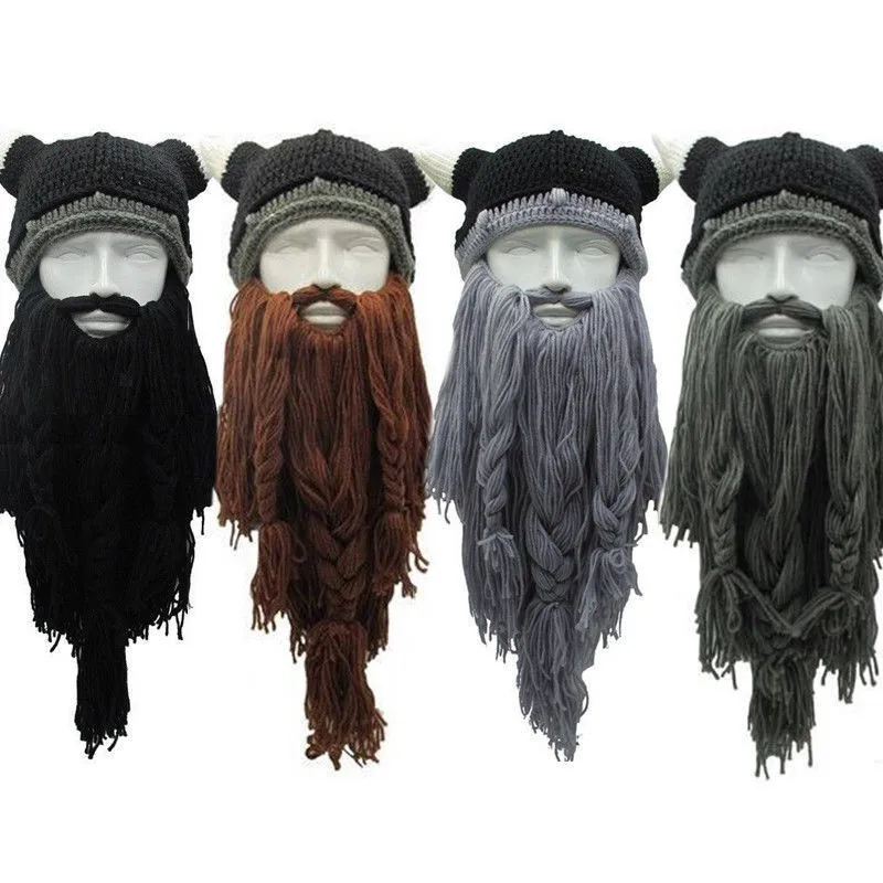 

1Pcs Men Women Handmade Knit Barbarian Viking Beanie Beard Horn Hat Winter Warm Cap Cool Funny Gag Halloween Party Xmas Gifts