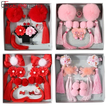 

BalleenShiny New Year Plush Ball Headwear Set Baby Girls Red Chinese Style Tassels Hairpin Kids Bebe Princess Bowknot Hair Clips