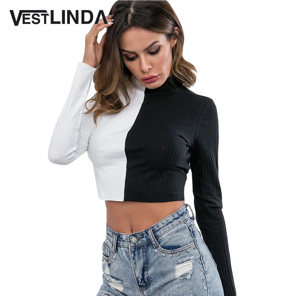 VESTLINDA اثنين لهجة موك الرقبة محبوك المحاصيل تي شيرت كامل النساء عارضة اللياقة البدنية طويلة الأكمام البلوز السيدات قمم تيز الإناث الملابس