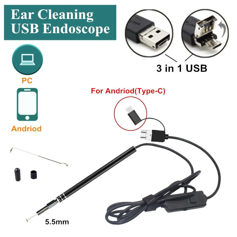

3 in 1 USB In Ear Cleaning Endoscope USB Visual Ear Spoon 5.5mm 0.3MP Mini Camera Android PC Ear pick Otoscope Borescope Tool