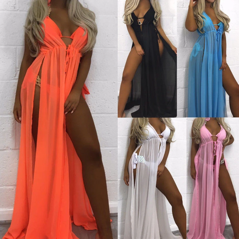 

new summer sexy Women Chiffon see-through Bikini long Cover Up Swimsuit Swimwear Beach Dress Bathing Suit 2019