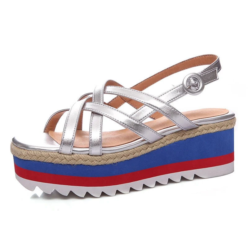 

Silver Leather Women Platform Sandals 6 CM Heels Thick Sole Wedges Open-toe Pumps Summer Buckle Shoes Box Packing 0011