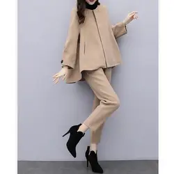 Для женщин однотонные шерстяные комплект из двух предметов Новая мода ассиметричное пальто и прямые повседневные брюки костюмы женские