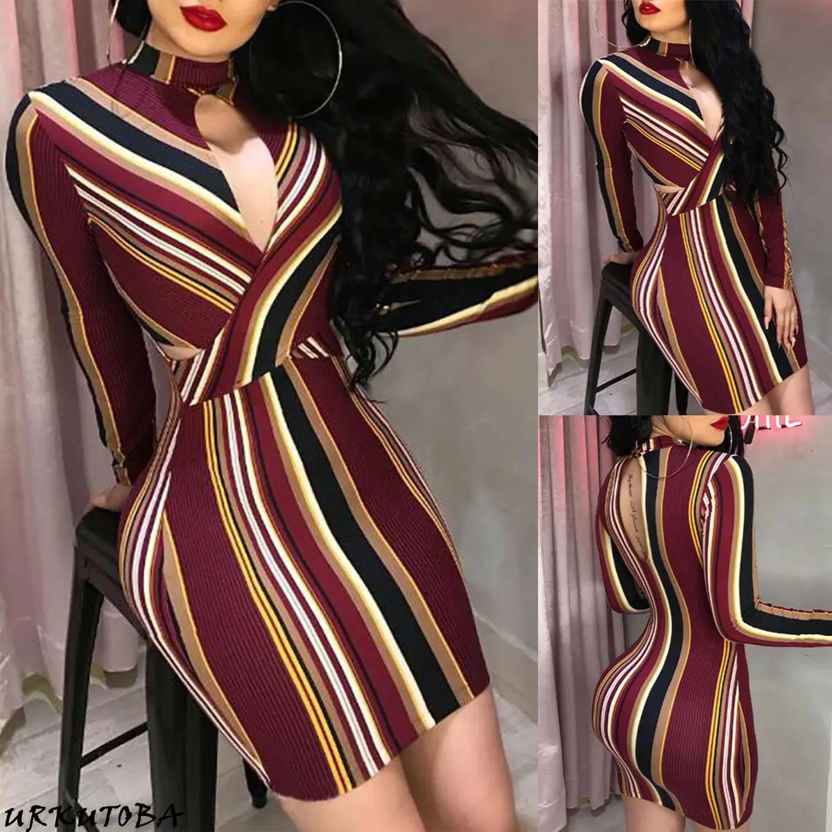 

2019 Newest Hot Women Sexy Slim Fit Breast Open Halter Long Sleeve Bodycon Dress Stripe Pencil Cocktail Party Dress Clubwear