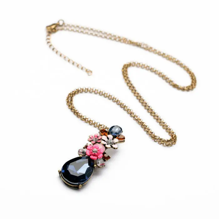 

Women Elegant Fashion Crystal Rhinestone Necklace Blue Big Water Drop Pendant Tone Crystal Pendant Chain Necklace Classic