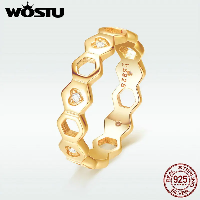 

WOSTU Genuine Real 925 Sterling Silver Gold Color Linked Heart Stackable Ring for Women Original Engagement Jewelry DXR449