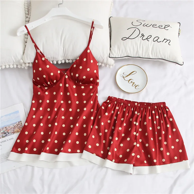 

2019 Sleep Lounge Women Pajamas Set With Shorts Sexy Satin Pyjama Sleepwear Summer Femme Flower Print Pijama With Chest Pad