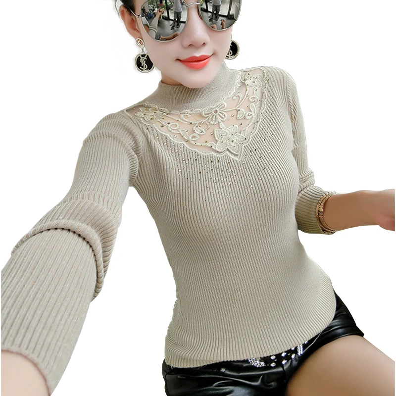 Fashion Lace Embroidery Half Turtleneck Women Sweaters and Pullovers 2018 Autumn Winter Elasticity Slim Knitted sweter mujer Fashion Lace Embroidery Half Turtleneck Women Sweaters and Pullovers 2018 Autumn Winter Elasticity Slim Knitted sweter mujer