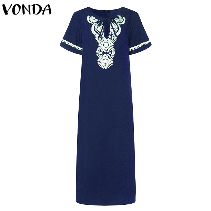 Женское платье с принтом VONDA, летнее повседневное сексуальное платье с v-образным вырезом и коротким рукавом, однотонное макси платье, элегантное платье размера плюс