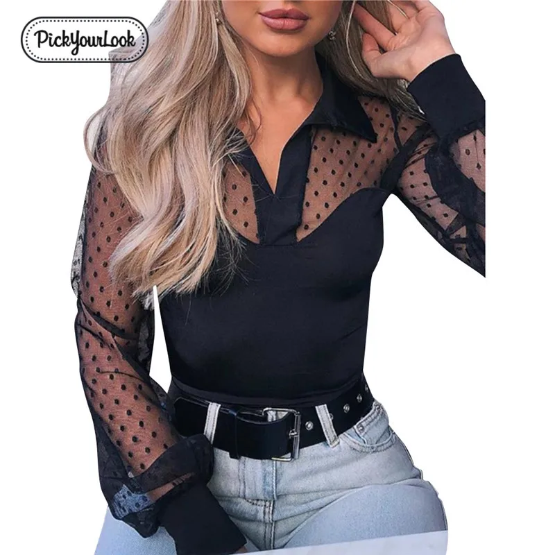 

Pickyourlook Sexy Polka Dot Women Blouses And Shirt Black Long Sleeve Female Tops Shirt Turn-Down Collar Ladies Blouses Chemise