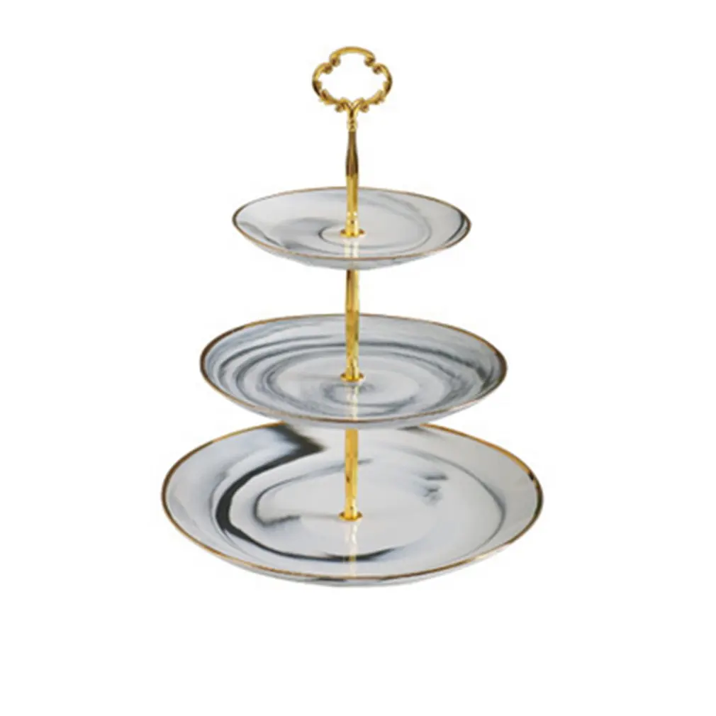 

European Cake Rack Marbled Gold-Plated Ceramic Three-Layer String Wedding Birthday Snack Tray