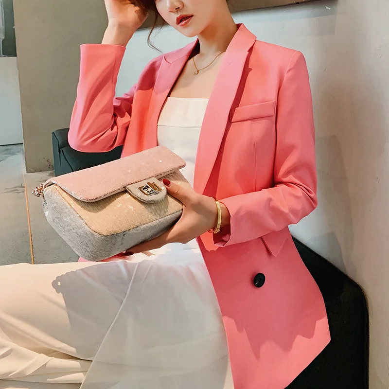 PEONFLY سترة المرأة مزدوجة الصدر عارضة بدلة عمل طويل كم سترة 2019 الأزياء الإناث الحلل بلون فضفاض معطف XXL