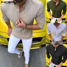 INCERUN, стильные мужские рубашки, платье с длинным рукавом, однотонные, вырез лодочкой, футболки, топы, рубашки, мужская одежда