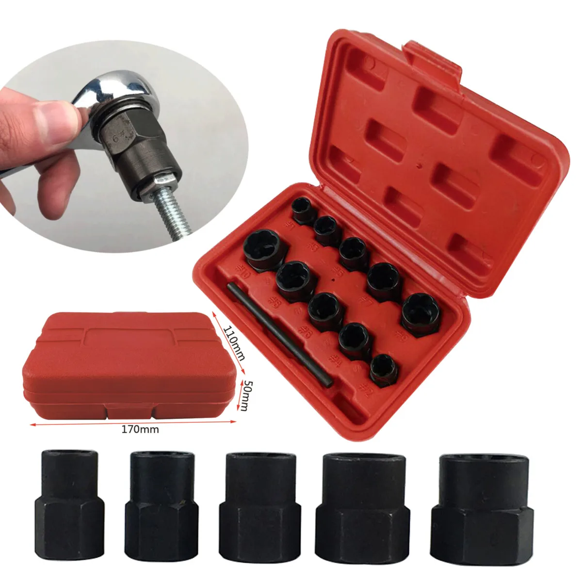 

Damaged Nut Bolt Remover Stud Extractor Set 10PCS Broken Bolt Removal Kit Sockets Tools Drift Punch Storage Box Set Hardware