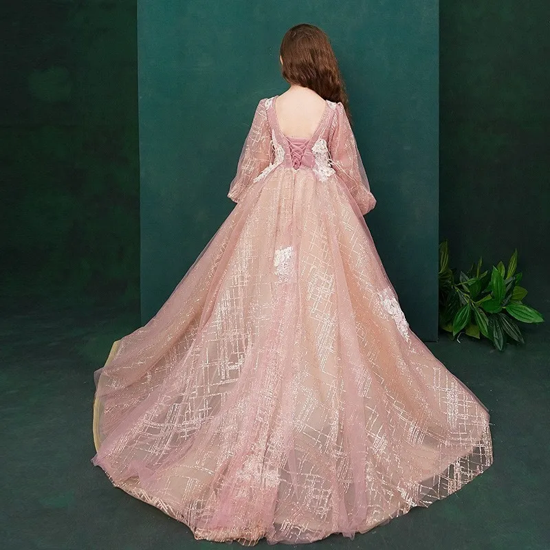 Элегантные пышные платья для маленьких девочек; бальное платье с длинными рукавами; Платья с цветочным узором для девочек на свадьбу; коллекция года; длинное платье для выпускного вечера для девочек