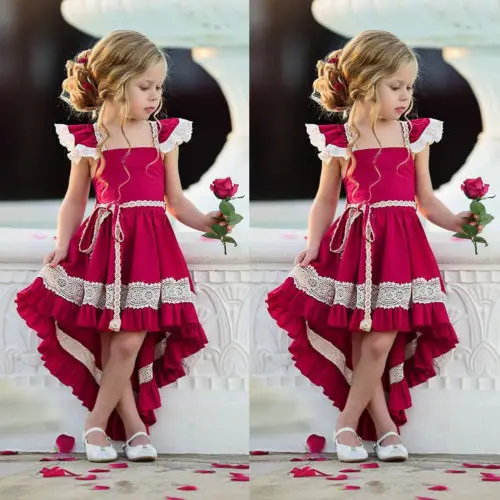 

2019 New Christmas Girls Backless Asymmetrical Princess Dress Lace Kids Pleated Party Formal Gown Dresses 1-6T