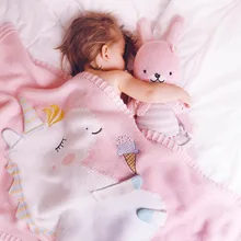 Милое детское Мягкое хлопковое вязаное одеяло с единорогом, детская коляска, корзина с единорогом, розовое одеяло s