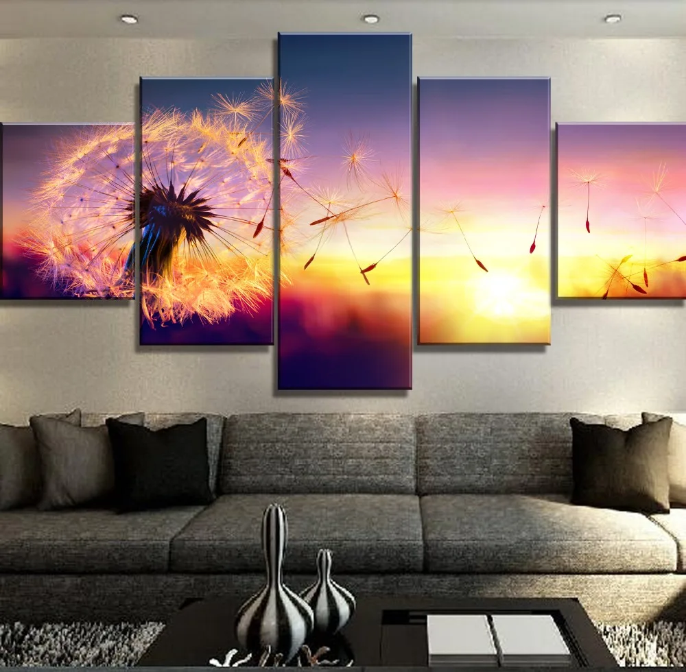

5 Piece HD Print Large Dandelion Sunset Cuadros Decoracion Landscape Canvas Wall Art Home Decor For Living Room Canvas Painting
