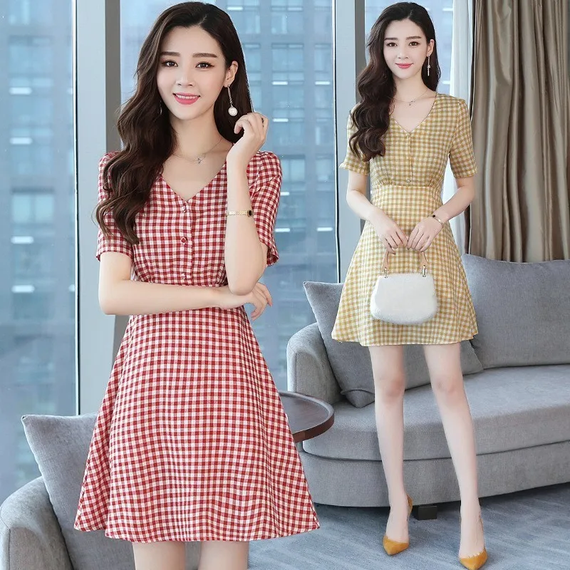 

New Red Plaid Style Dress Casual Women Girls Traditional Vintage Lolita A-Line V-neck Dresses Novel Short Sleeve Dress