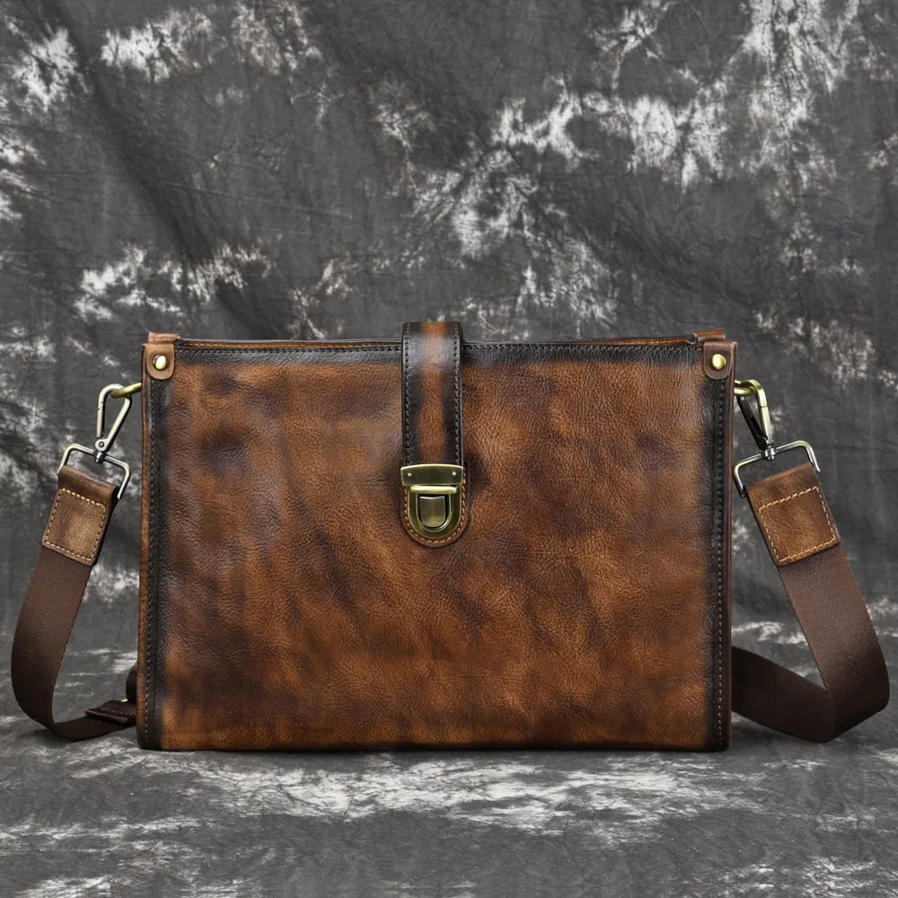 

Genuine Leather Men Cross Body Shoulder Briefcase Bags Top Handle Travel Bag High Quality Vintage Male Real Cowhide Tote Handbag
